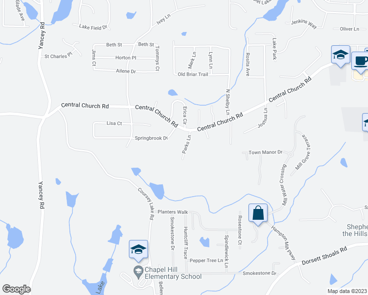 map of restaurants, bars, coffee shops, grocery stores, and more near 4079 Parks Lane in Douglasville