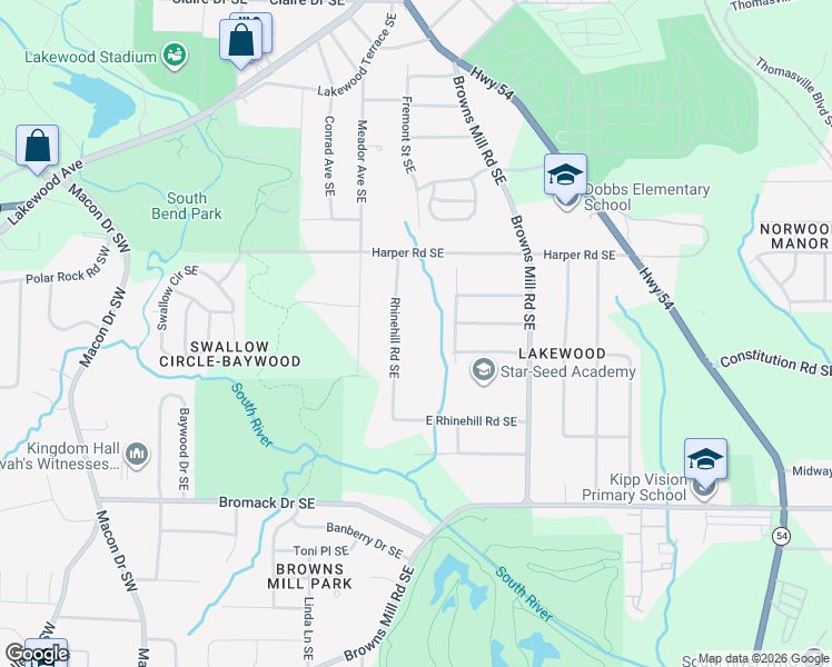 map of restaurants, bars, coffee shops, grocery stores, and more near 2192 Rhinehill Road Southeast in Atlanta