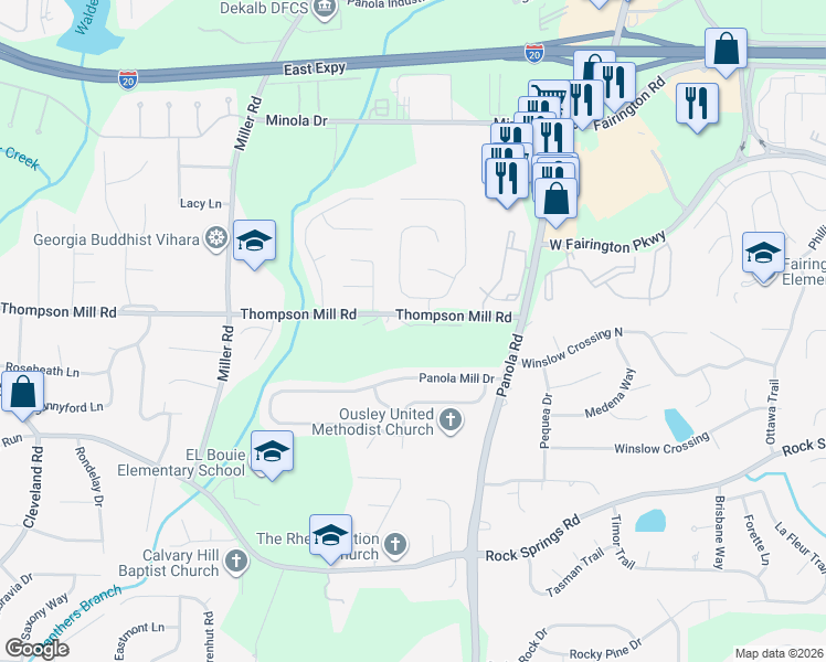 map of restaurants, bars, coffee shops, grocery stores, and more near 5165 Thompson Mill Road in Stonecrest