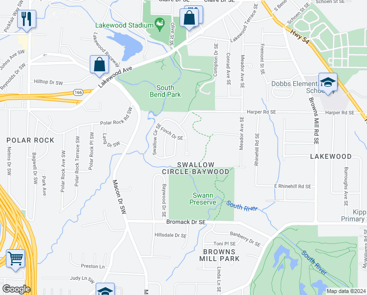 map of restaurants, bars, coffee shops, grocery stores, and more near 2493 Swallow Circle Southeast in Atlanta