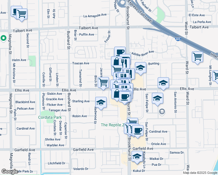 map of restaurants, bars, coffee shops, grocery stores, and more near 9835 Ellis Ave in Fountain Valley