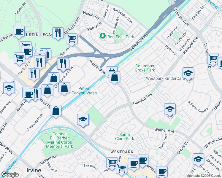 map of restaurants, bars, coffee shops, grocery stores, and more near 87 Fringe Tree in Irvine