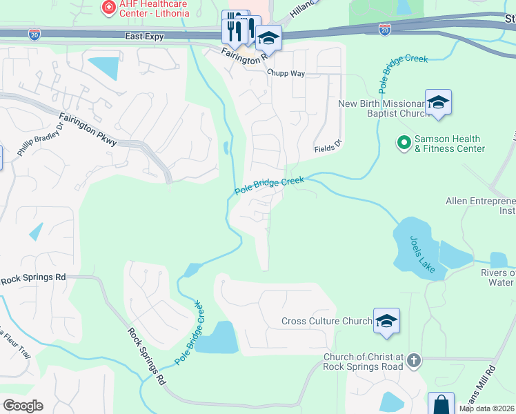 map of restaurants, bars, coffee shops, grocery stores, and more near 5898 Par 3 Way in Stonecrest