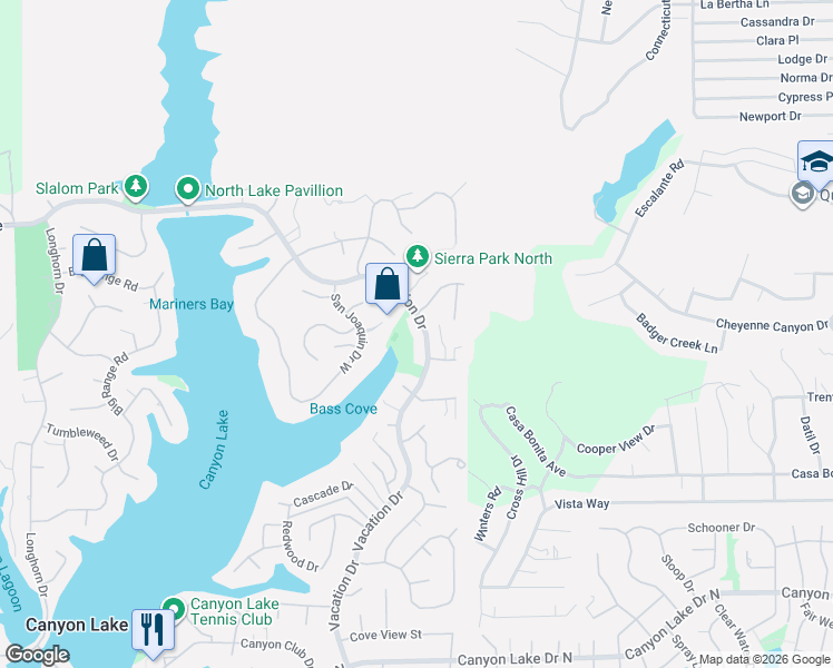 map of restaurants, bars, coffee shops, grocery stores, and more near 29320 Vacation Drive in Canyon Lake