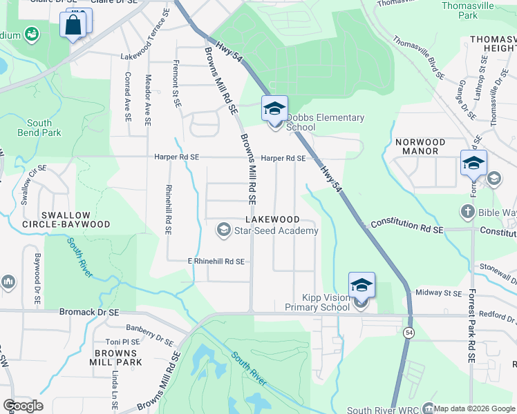 map of restaurants, bars, coffee shops, grocery stores, and more near 2176 Browns Mill Road Southeast in Atlanta