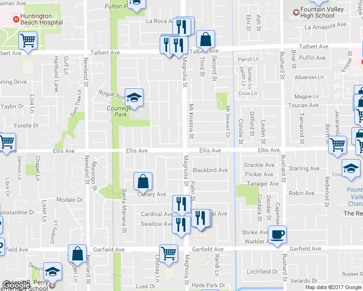 map of restaurants, bars, coffee shops, grocery stores, and more near 18468 Santa Belinda in Fountain Valley