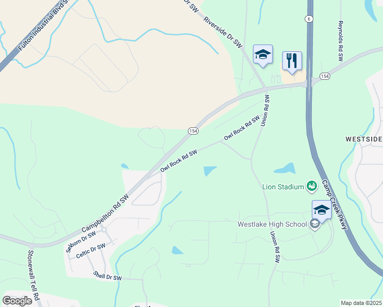 map of restaurants, bars, coffee shops, grocery stores, and more near 6041 Owl Rock Road Southwest in Atlanta