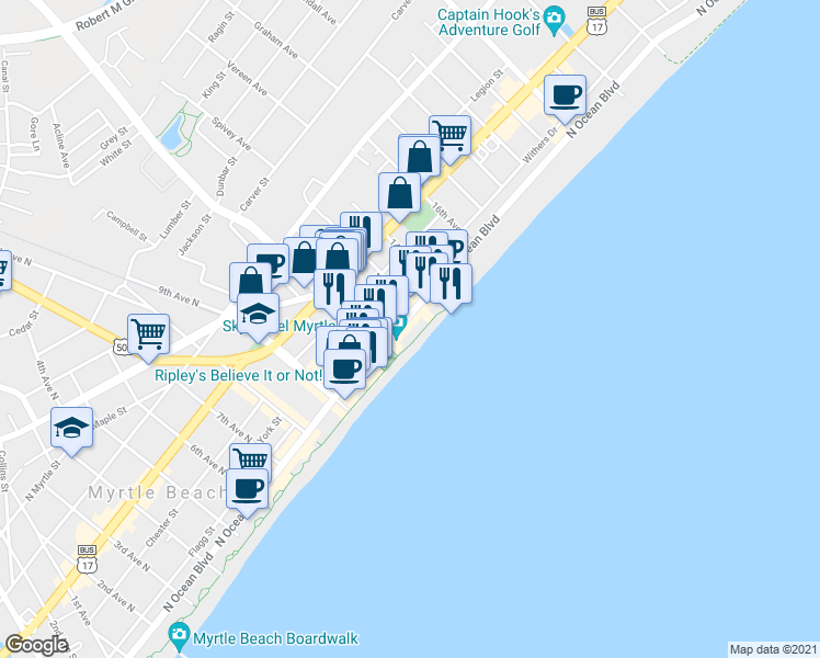 map of restaurants, bars, coffee shops, grocery stores, and more near 1107 North Ocean Boulevard in Myrtle Beach