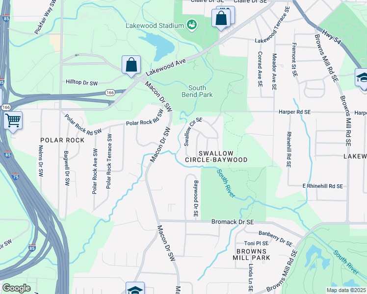 map of restaurants, bars, coffee shops, grocery stores, and more near 2298 Swallow Circle Southeast in Atlanta
