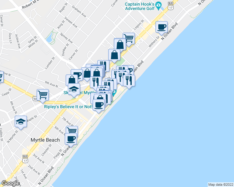 map of restaurants, bars, coffee shops, grocery stores, and more near 1107 North Ocean Boulevard in Myrtle Beach
