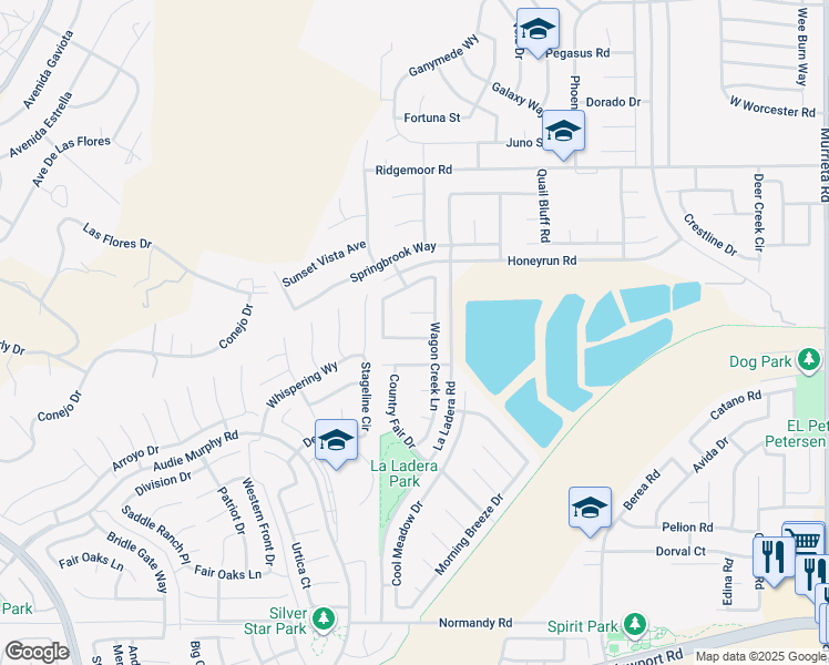 map of restaurants, bars, coffee shops, grocery stores, and more near 25070 Clover Creek Lane in Menifee
