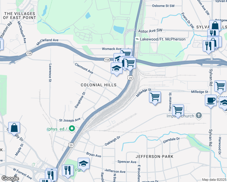 map of restaurants, bars, coffee shops, grocery stores, and more near 1327 Elizabeth Lane in East Point