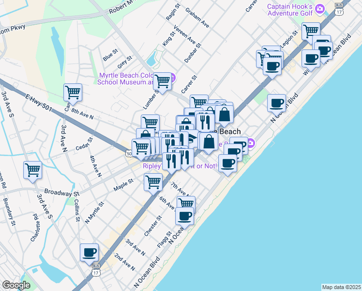 map of restaurants, bars, coffee shops, grocery stores, and more near 511 9th Avenue North in Myrtle Beach