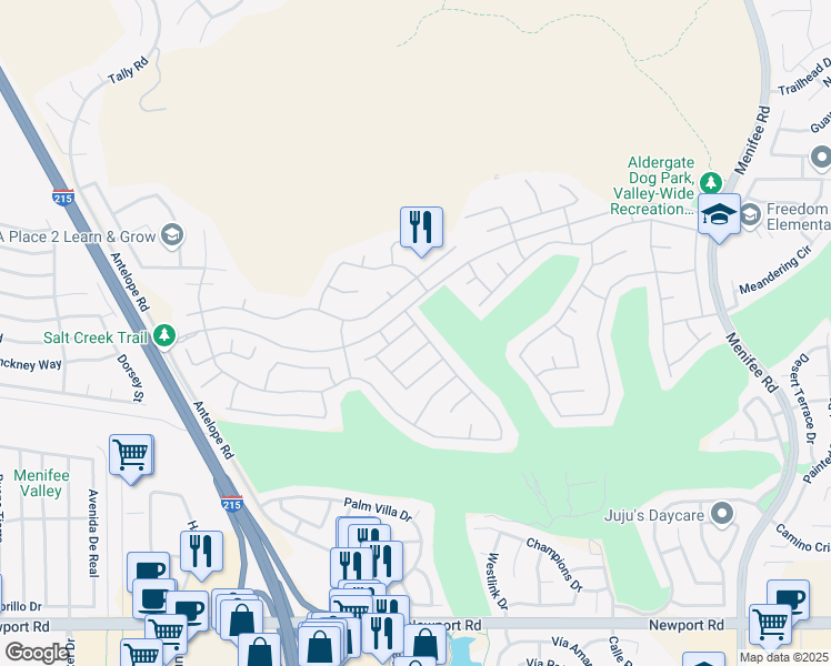 map of restaurants, bars, coffee shops, grocery stores, and more near 28249 Glenside Court in Menifee