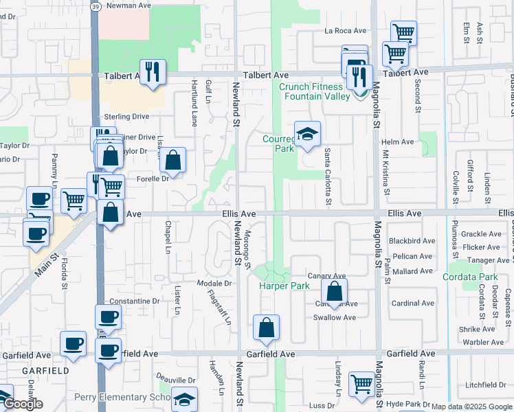 map of restaurants, bars, coffee shops, grocery stores, and more near 8564 Ostrich Circle in Fountain Valley