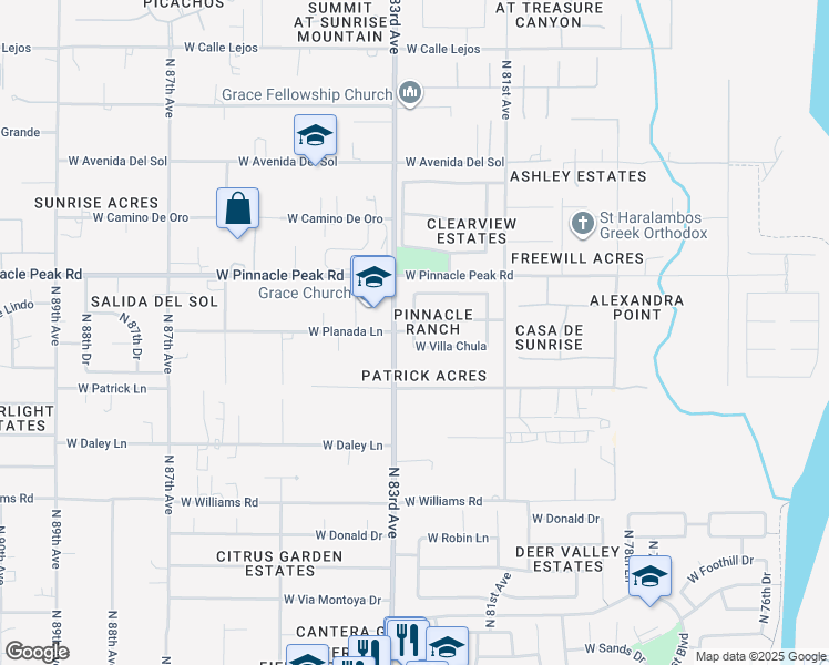 map of restaurants, bars, coffee shops, grocery stores, and more near 23204 North Paseo Laredo Lane in Peoria