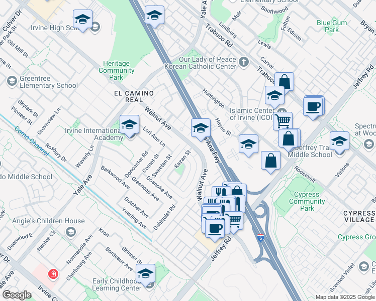 map of restaurants, bars, coffee shops, grocery stores, and more near in Irvine