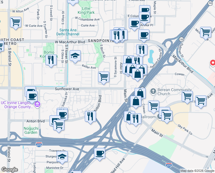 map of restaurants, bars, coffee shops, grocery stores, and more near 306 West Stevens Avenue in Santa Ana