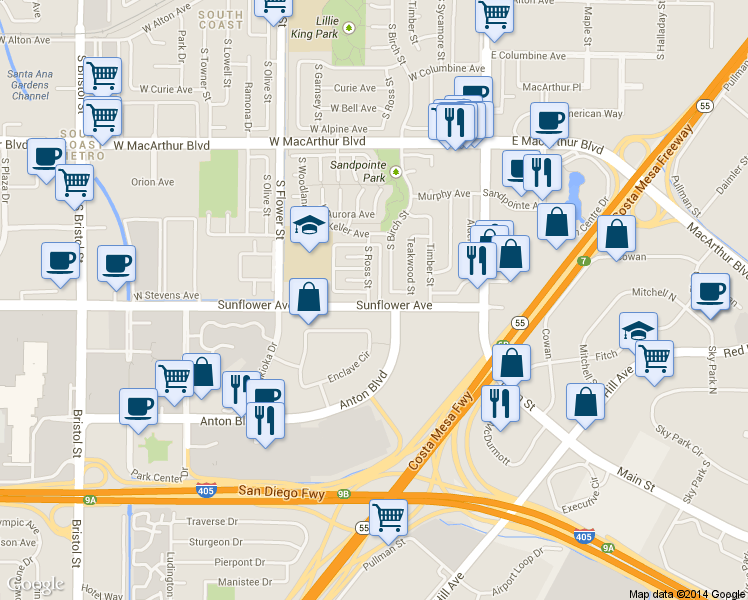 map of restaurants, bars, coffee shops, grocery stores, and more near 3921 South Ross Street in Santa Ana
