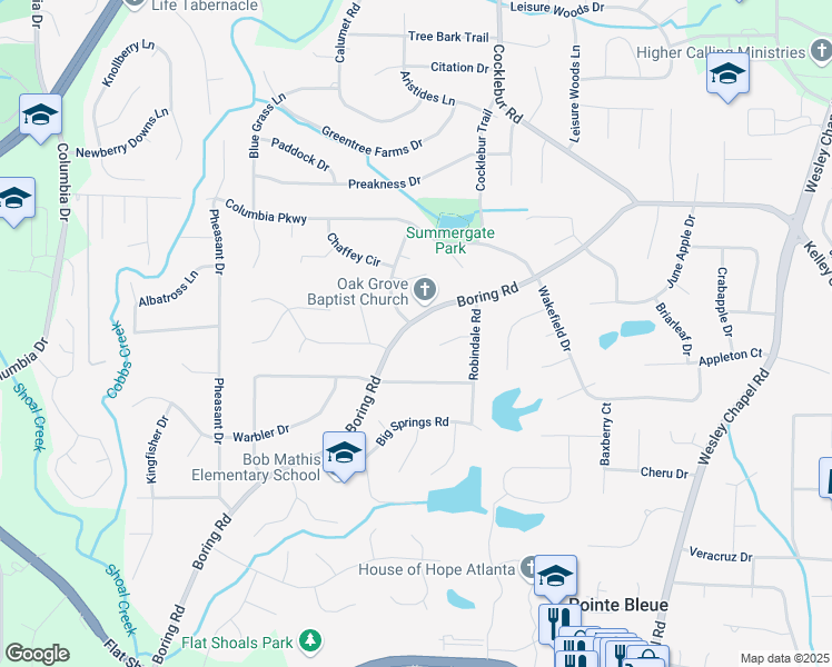 map of restaurants, bars, coffee shops, grocery stores, and more near 3661 Boring Road in Decatur