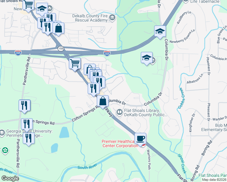 map of restaurants, bars, coffee shops, grocery stores, and more near 2942 Vining Ridge Terrace in Decatur