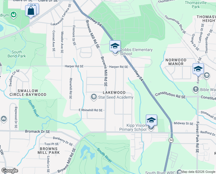 map of restaurants, bars, coffee shops, grocery stores, and more near 2176 Browns Mill Road Southeast in Atlanta