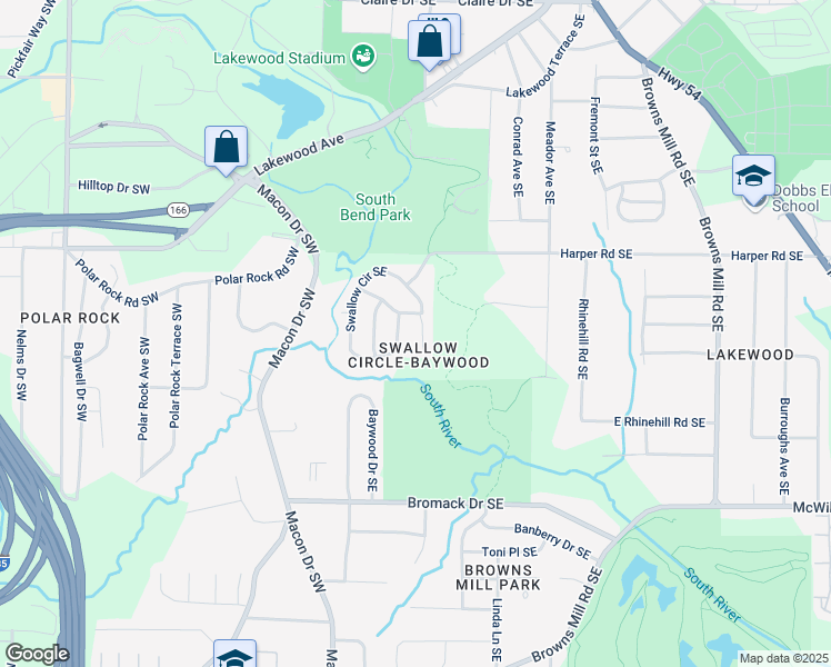 map of restaurants, bars, coffee shops, grocery stores, and more near 2493 Swallow Circle Southeast in Atlanta