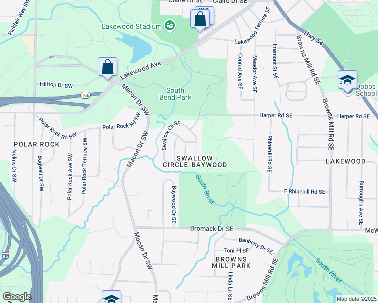 map of restaurants, bars, coffee shops, grocery stores, and more near 2196 Swallow Circle Southeast in Atlanta