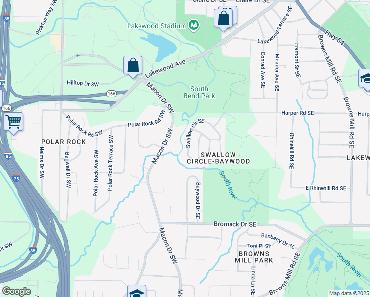 map of restaurants, bars, coffee shops, grocery stores, and more near 2298 Swallow Circle Southeast in Atlanta