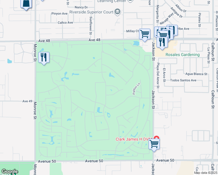 map of restaurants, bars, coffee shops, grocery stores, and more near 82627 Sky View Lane in Indio