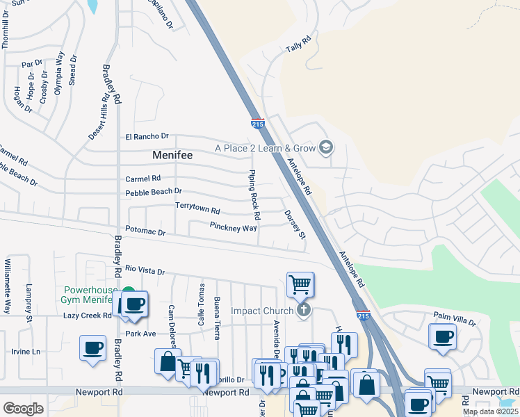 map of restaurants, bars, coffee shops, grocery stores, and more near 27508 Terrytown Road in Menifee