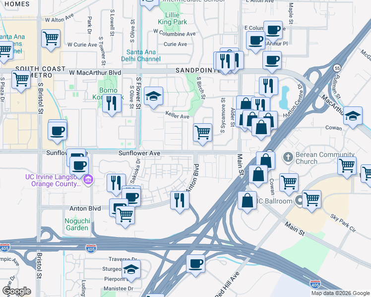 map of restaurants, bars, coffee shops, grocery stores, and more near 3925 South Ross Street in Santa Ana