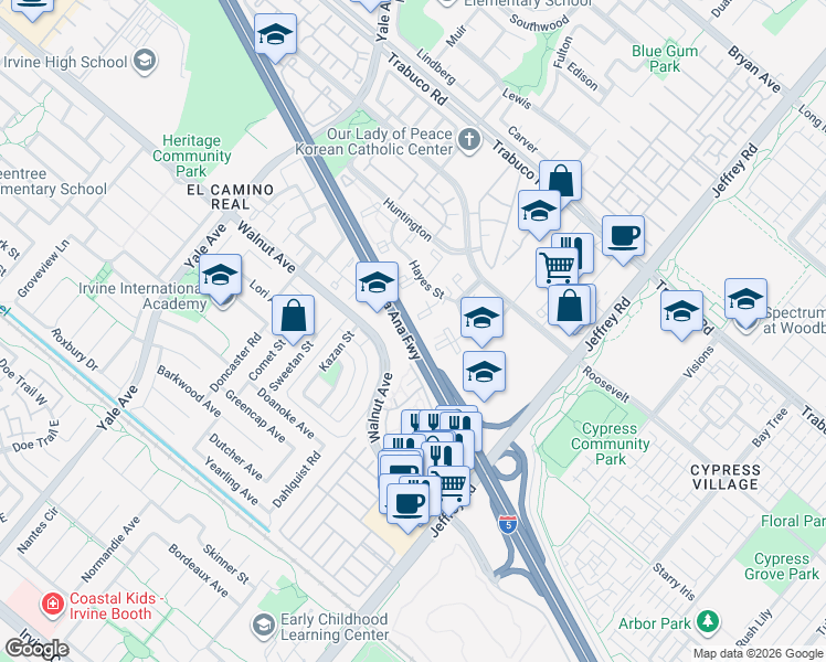 map of restaurants, bars, coffee shops, grocery stores, and more near Santa Ana Freeway in Irvine