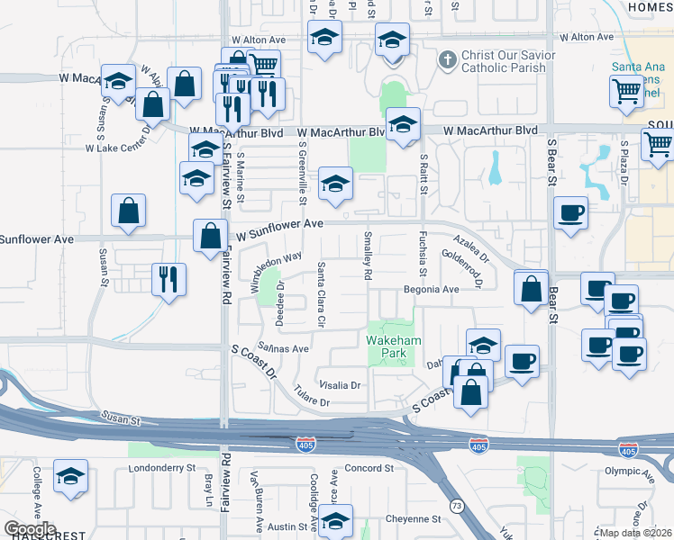 map of restaurants, bars, coffee shops, grocery stores, and more near 1086 Vallejo Circle in Costa Mesa