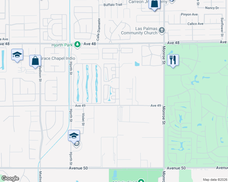 map of restaurants, bars, coffee shops, grocery stores, and more near 81620 Avenue 49 in Indio