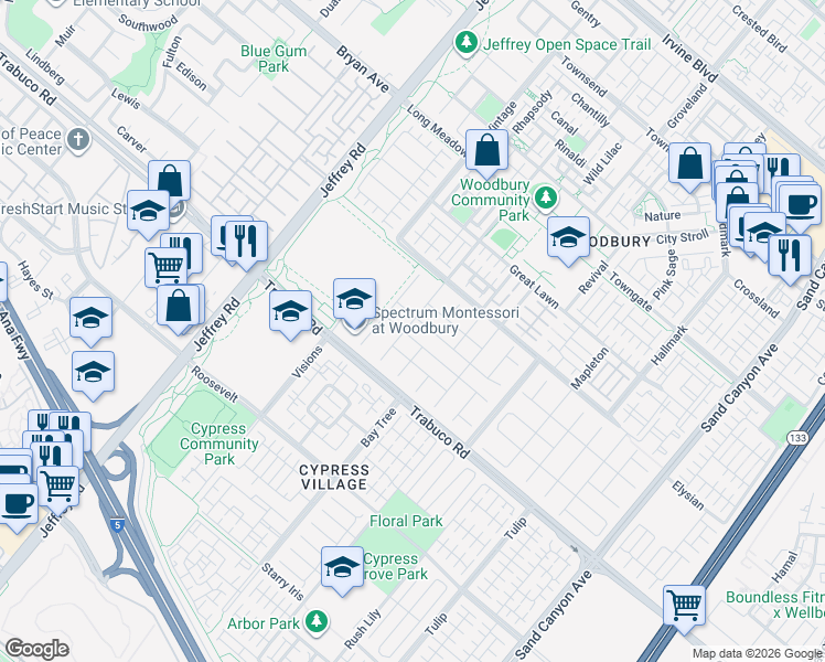 map of restaurants, bars, coffee shops, grocery stores, and more near 59 Waterspout in Irvine