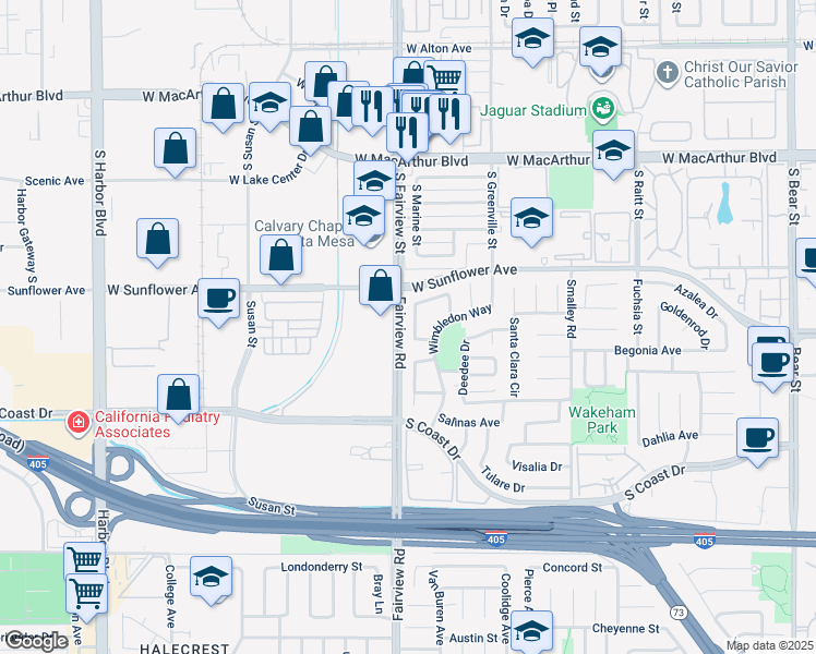 map of restaurants, bars, coffee shops, grocery stores, and more near 3475 Windsor Court in Costa Mesa