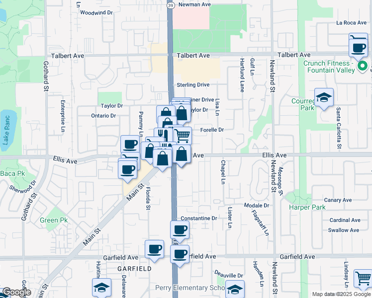 map of restaurants, bars, coffee shops, grocery stores, and more near in Huntington Beach