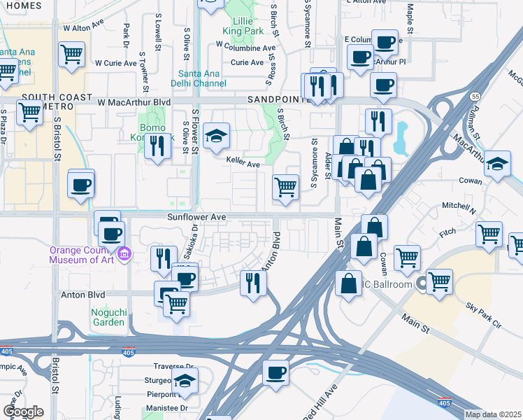 map of restaurants, bars, coffee shops, grocery stores, and more near 3925 South Ross Street in Santa Ana