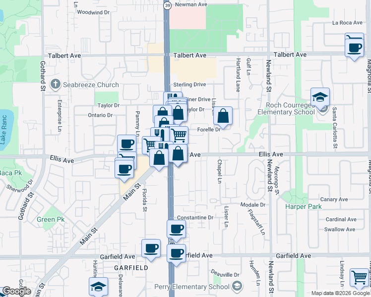map of restaurants, bars, coffee shops, grocery stores, and more near 8092 La Palma Drive in Huntington Beach