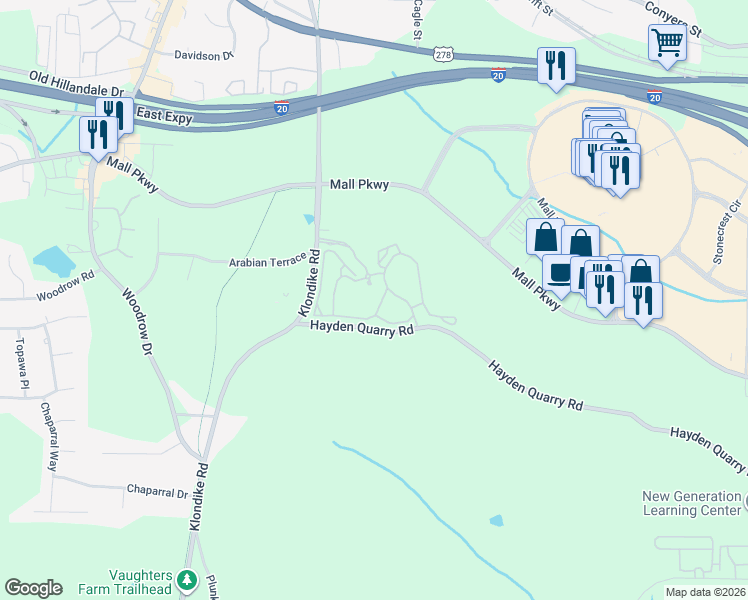 map of restaurants, bars, coffee shops, grocery stores, and more near 100 Wesley Providence Parkway in Stonecrest