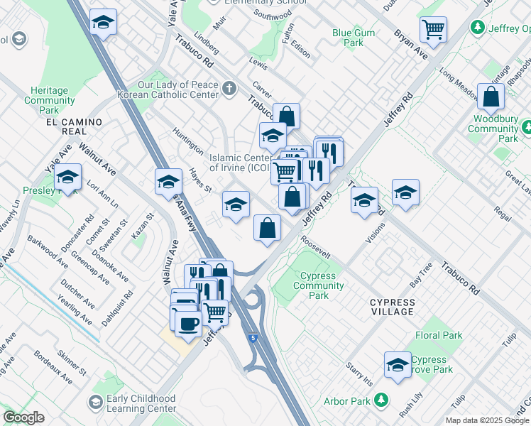 map of restaurants, bars, coffee shops, grocery stores, and more near 610 Roosevelt in Irvine