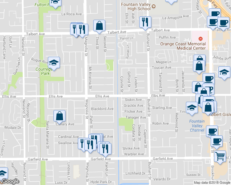 map of restaurants, bars, coffee shops, grocery stores, and more near 18474 Mount Stewart Circle in Fountain Valley