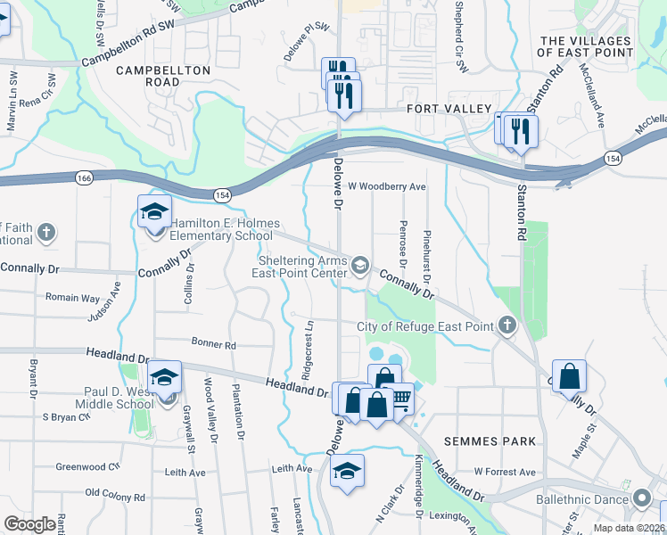 map of restaurants, bars, coffee shops, grocery stores, and more near 2225 Delowe Drive in Atlanta