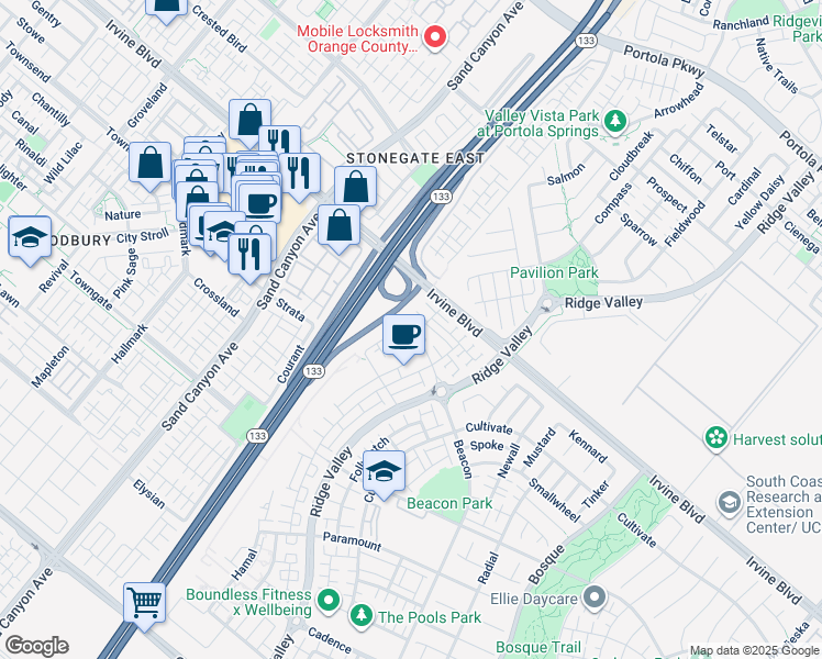 map of restaurants, bars, coffee shops, grocery stores, and more near 109 Mirth in Irvine