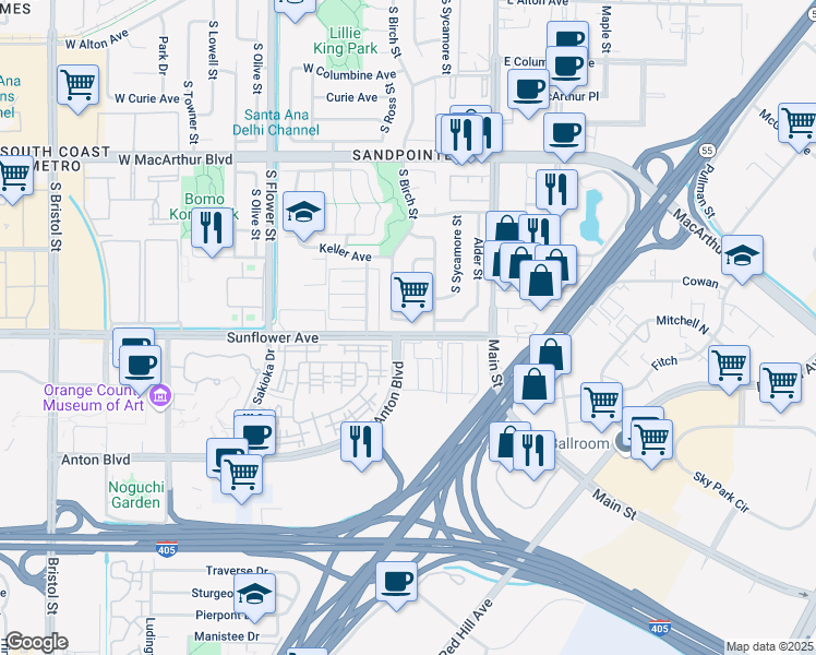 map of restaurants, bars, coffee shops, grocery stores, and more near 306 West Stevens Avenue in Santa Ana