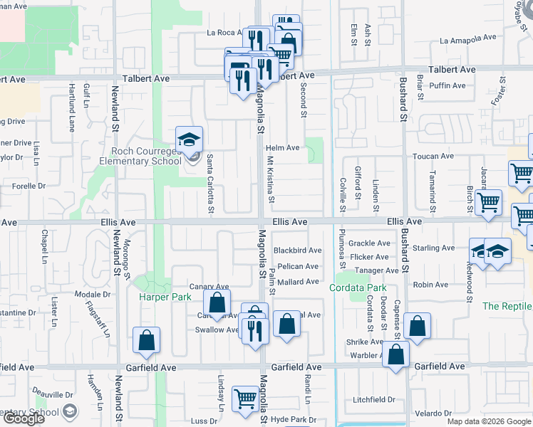 map of restaurants, bars, coffee shops, grocery stores, and more near 9068 McBride River Avenue in Fountain Valley