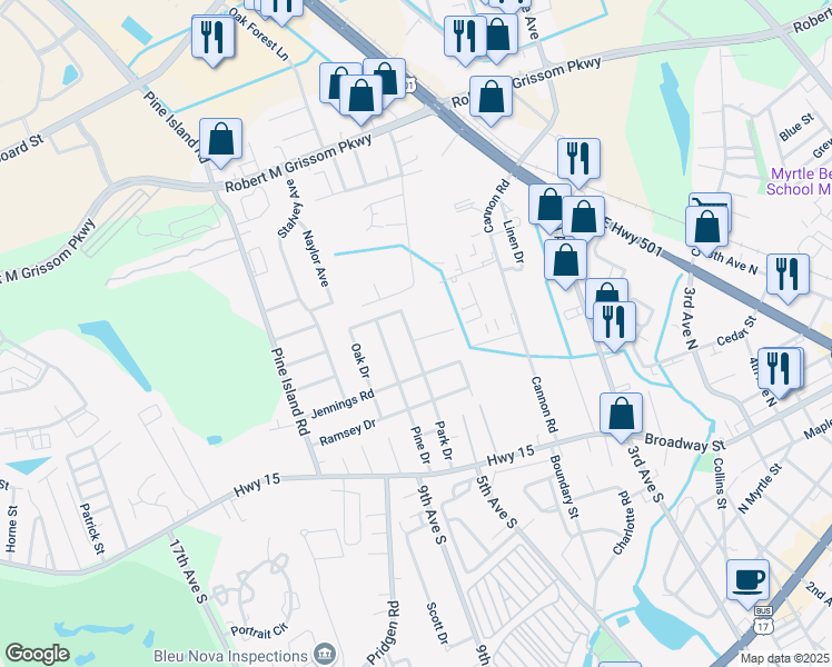 map of restaurants, bars, coffee shops, grocery stores, and more near 1090 Park Drive in Myrtle Beach