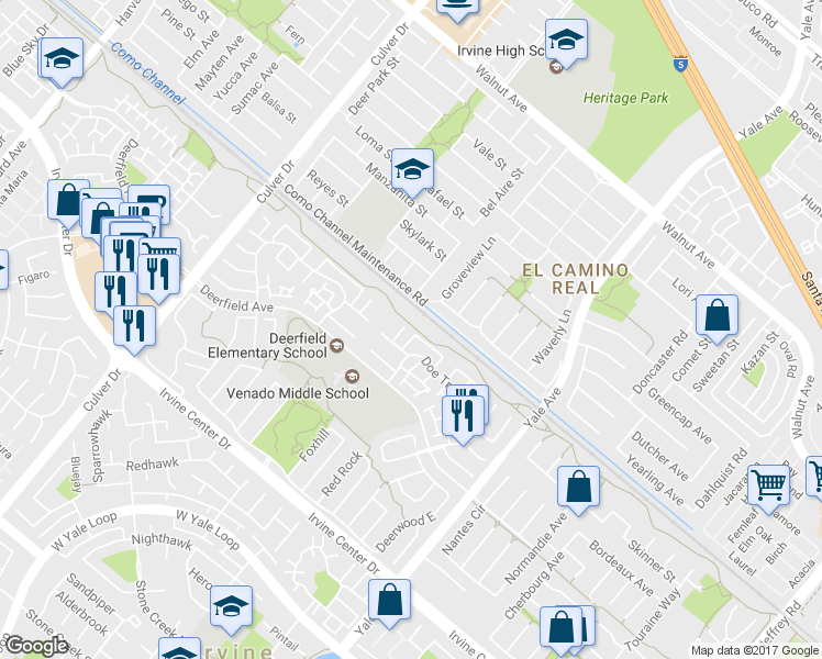 map of restaurants, bars, coffee shops, grocery stores, and more near 10 Badger Pass in Irvine