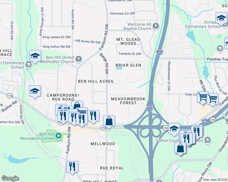 map of restaurants, bars, coffee shops, grocery stores, and more near 3585 Dale Lane Southwest in Atlanta